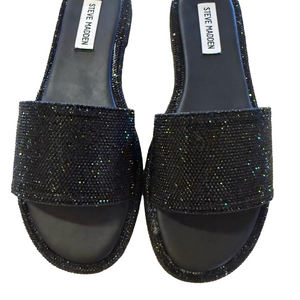 Steve Madden Achieve Black Rhinestone Glittering Silver Slide Sandals Size 8.5
